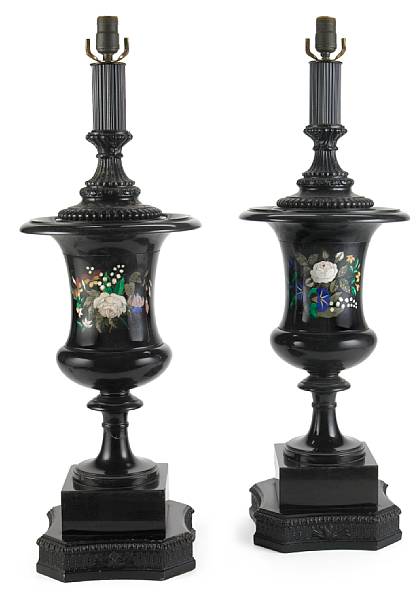 Appraisal: A pair of Victorian Derbyshire pietra dura urns second half