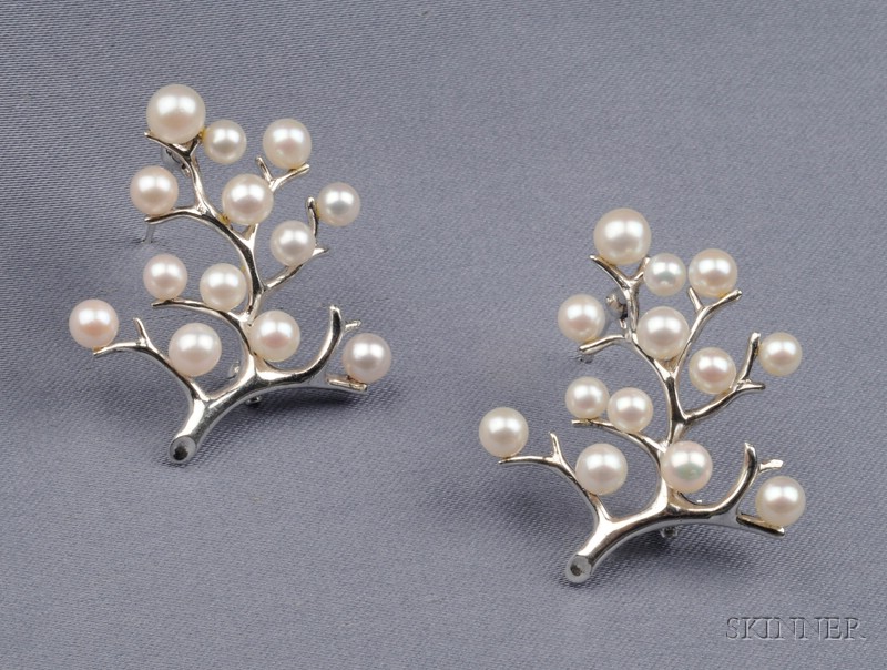 Appraisal: Pair of kt White Gold and Cultured Pearl Brooches Mikimoto