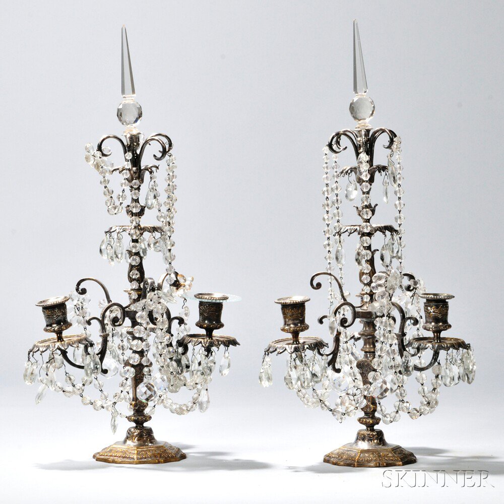 Appraisal: Pair of Crystal and Silvered Bronze Candelabra Continental c -