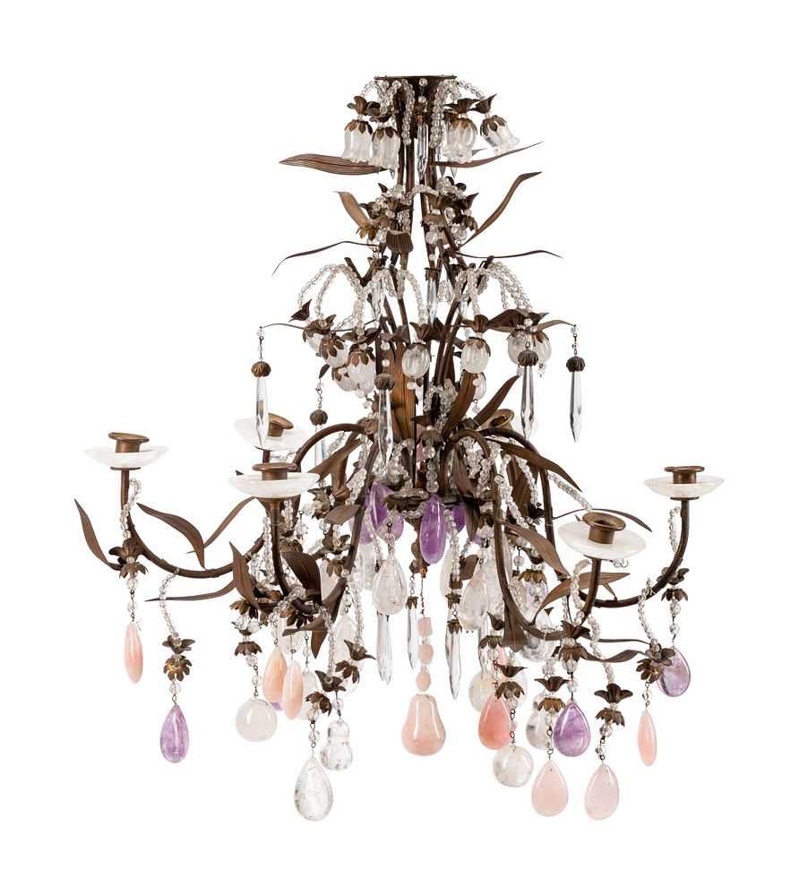 Appraisal: A French Bronze Chandelier with Rock Crystal Amethyst and Rose