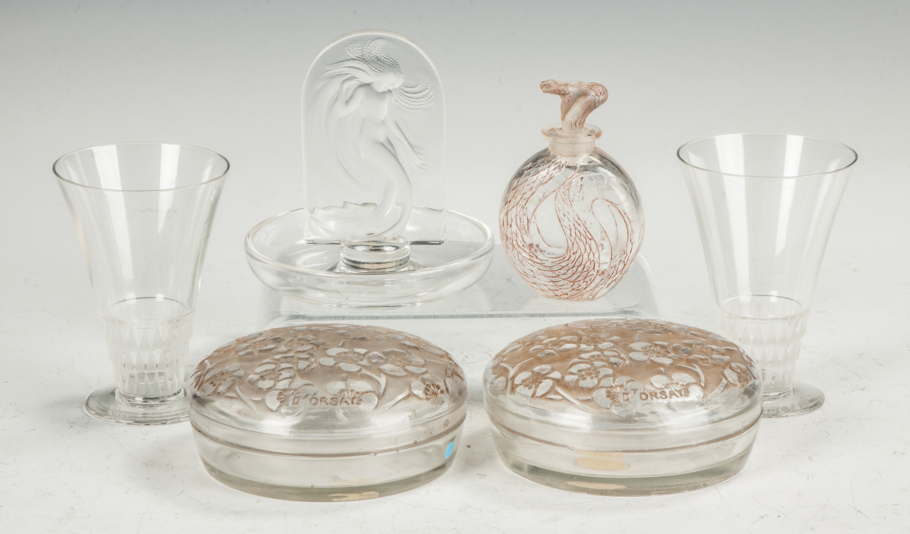 Appraisal: Group of Lalique Glass Sherry glasses ashtray w nude serpent