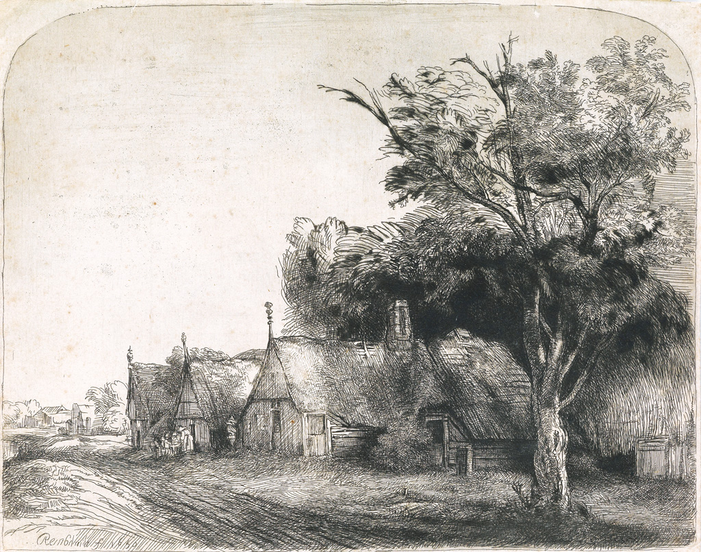 Appraisal: REMBRANDT VAN RIJN Landscape with Three Gabled Cottages beside a