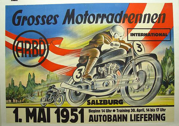 Appraisal: A large Grosses Motorradrennen Salzburg Austria poster featuring two motorcycles