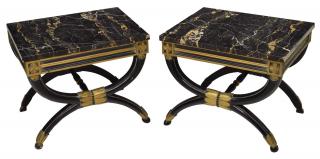 Appraisal: MARBLE TOP PARCEL GILT BLACK CURULE FORM TABLES pair Curule