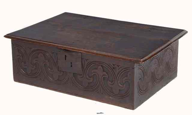 Appraisal: A TH CENTURY OAK BIBLE BOX with chip carved decoration