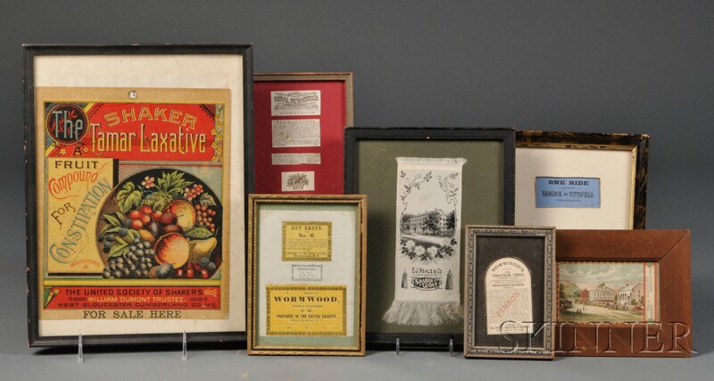 Appraisal: Seven Small Frames with Shaker and Shaker-related Advertising th early