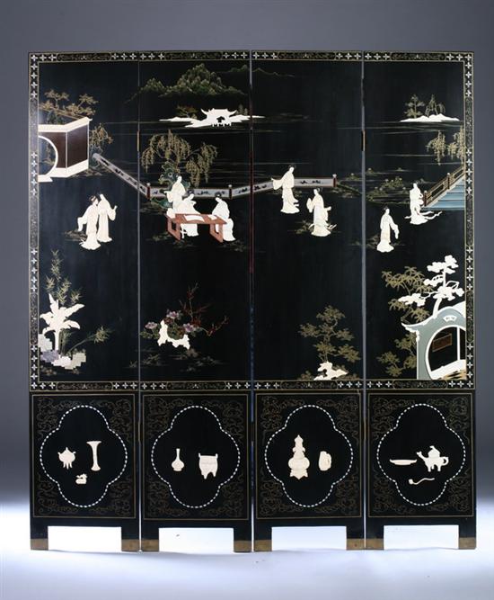 Appraisal: CHINESE BLACK LACQUER FOUR-FOLD SCREEN th century Each panel applied