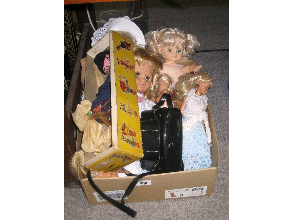 Appraisal: Box of assorted dolls a Pelham puppet and a camera