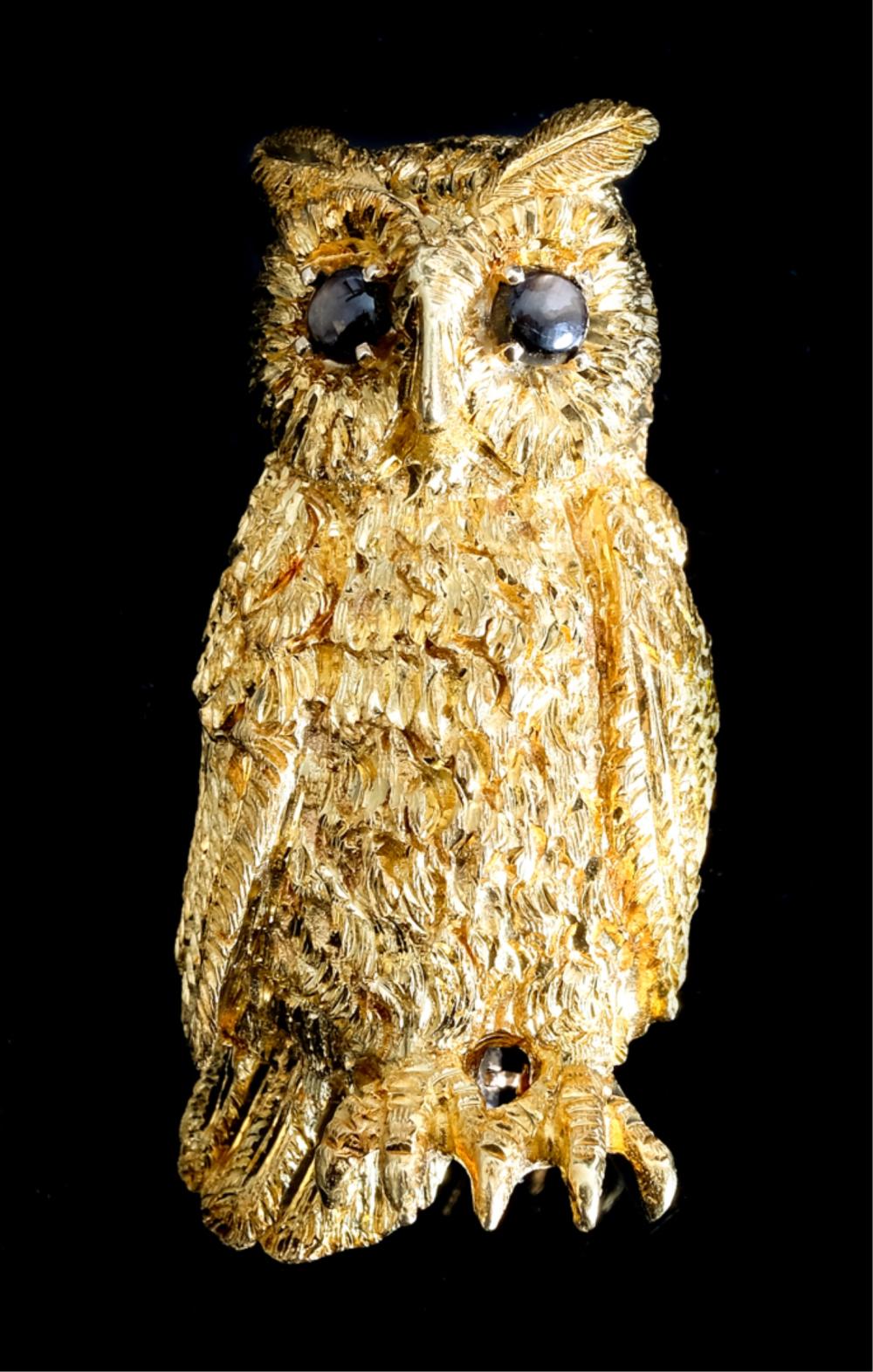 Appraisal: CELLINO K YELLOW GOLD OWL PIN BROOCHCellino k yellow gold