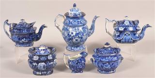 Appraisal: Six Pieces of Blue Staffordshire China Dome lid coffee pot