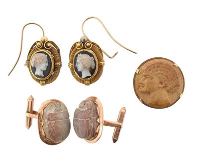 Appraisal: A pair of carved hard stone cameo earrings Depicting Diana