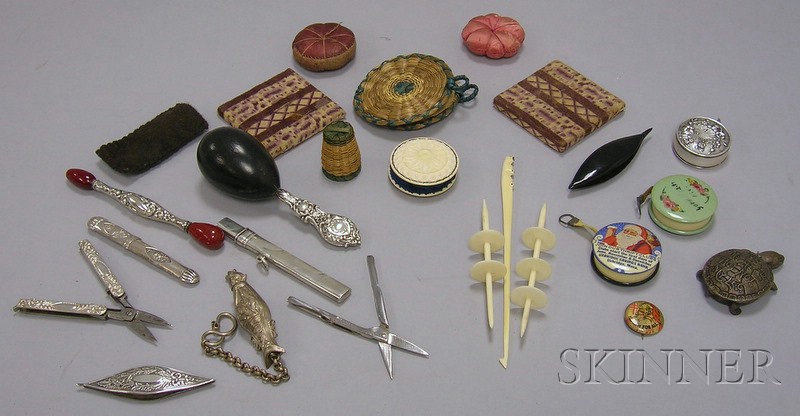 Appraisal: Group of Sewing Accoutrements including ten Mauchlin and turned wood