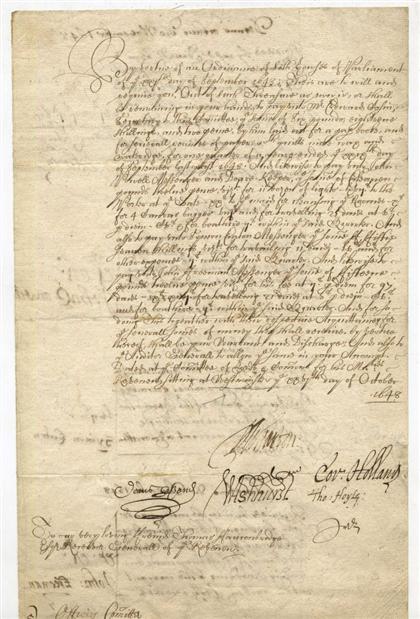 Appraisal: piece English Civil War Manuscript Document Signed Signed by Parliamentarians