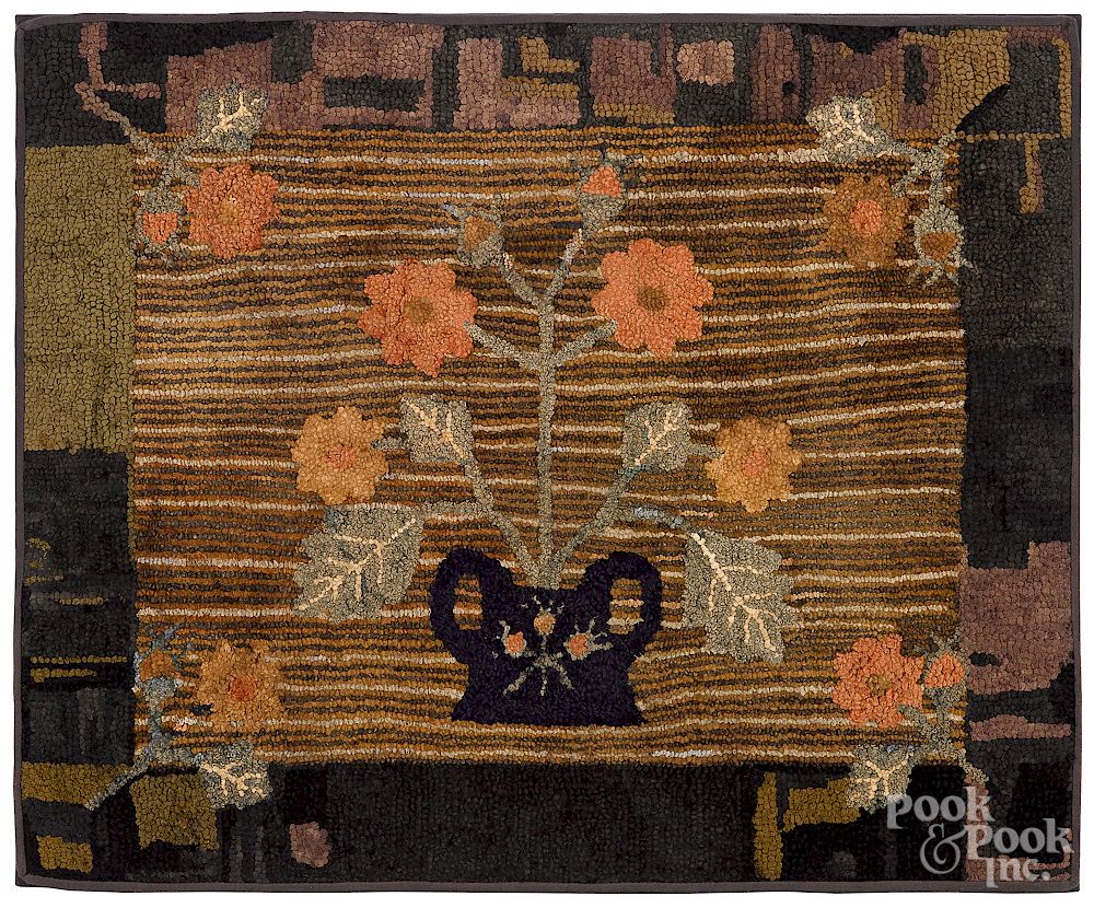 Appraisal: American hooked rug with basket of flowers Exclusive on Bidsquare