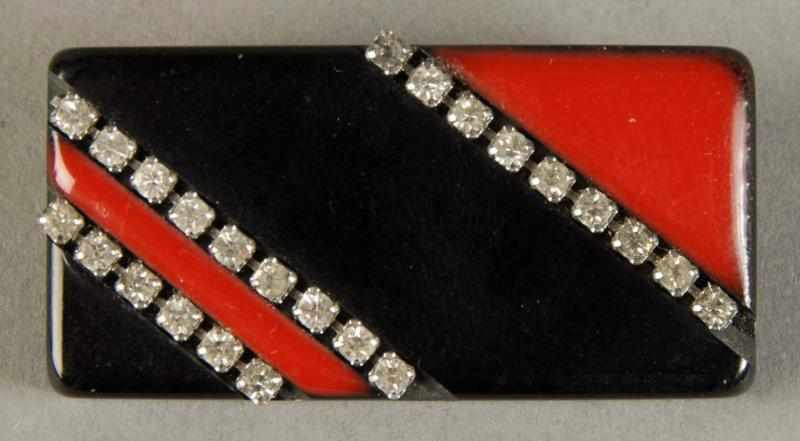 Appraisal: Bakelite Red Black Pin with Rhinestones Condition Excellent Size L