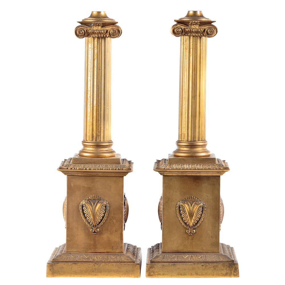 Appraisal: Pair Regency Classical Style Bronze Lamp Bases Circa classical reeded