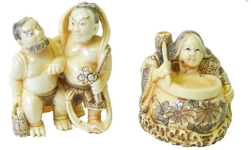 Appraisal: Two Chinese Carved Netsuke Groups Two Chinese Carved Ivory Netsuke