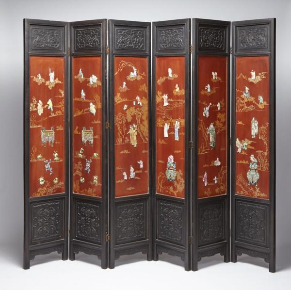 Appraisal: Six-Panel Porcelain Inlay Lacquer Screen Decorated with porcelain figures along