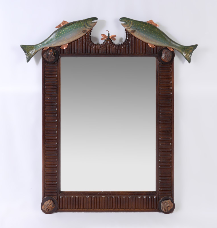 Appraisal: TIMPSON GALLERY FISH WALL MIRROR Crest with paint decorated figural