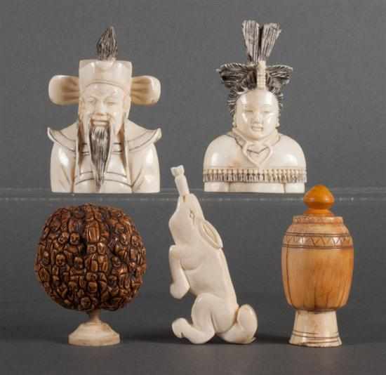 Appraisal: Five Japanese carved ivory snuff bottles includes figural busts of