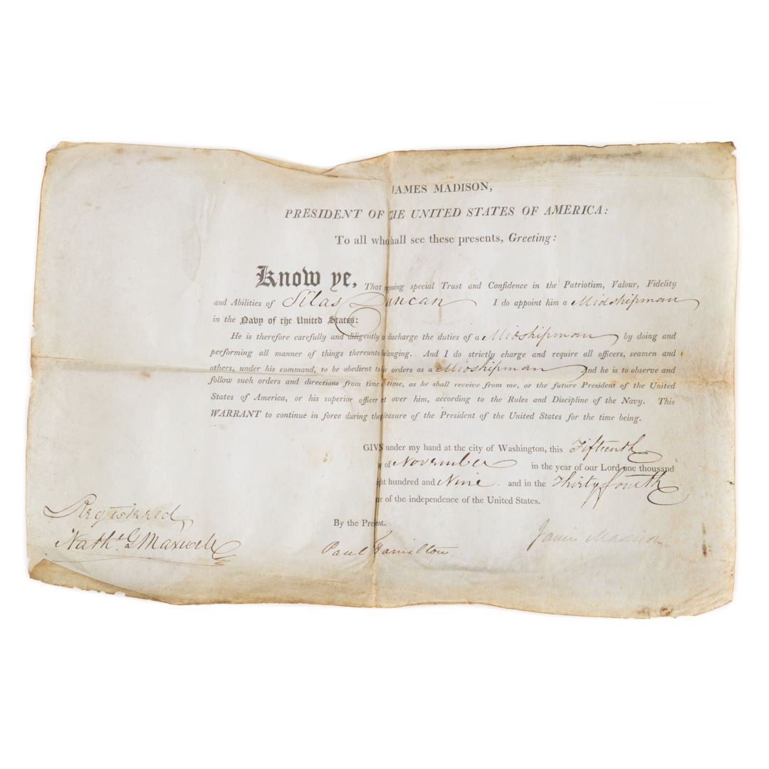 Appraisal: James Madison signed Silas Duncan naval appt dated signed by