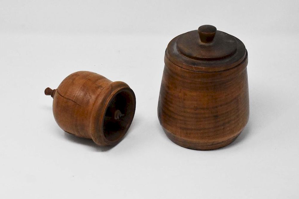 Appraisal: wooden items wooden items curly maple covered jar H and