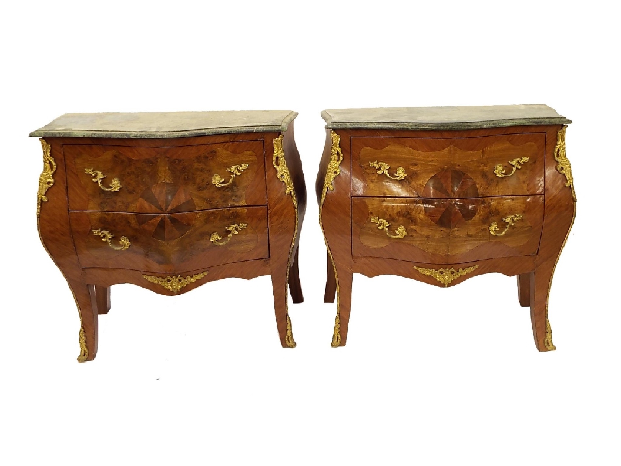 Appraisal: Pair of French style kingwood and burr marble top bombe