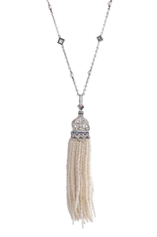 Appraisal: K GOLD AND DIAMOND SAPPHIRE AND PEARL TASSEL NECKLACE K