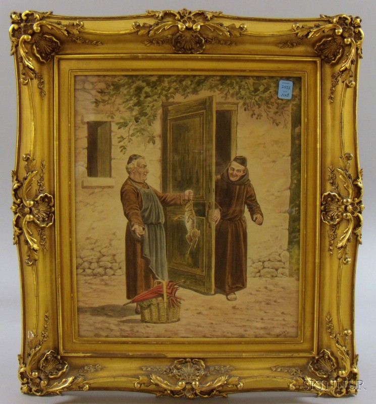 Appraisal: Framed Watercolor on Paper Scene with Two Monks Attributed to