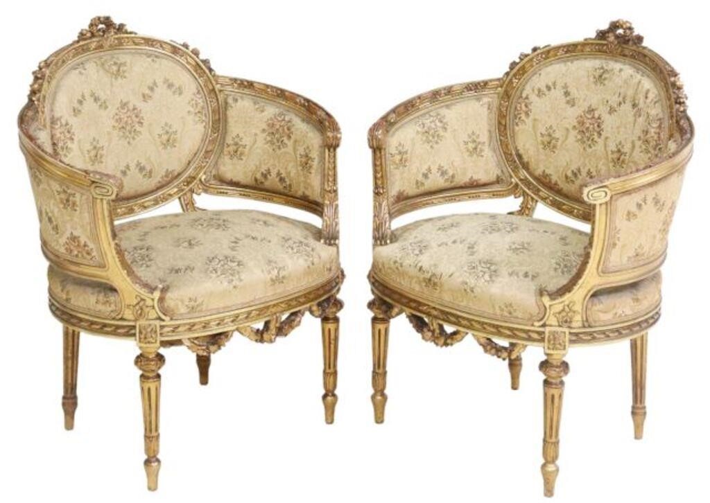 Appraisal: LOUIS XVI STYLE GILT ACCENTED ARM CHAIRS pair Louis XVI