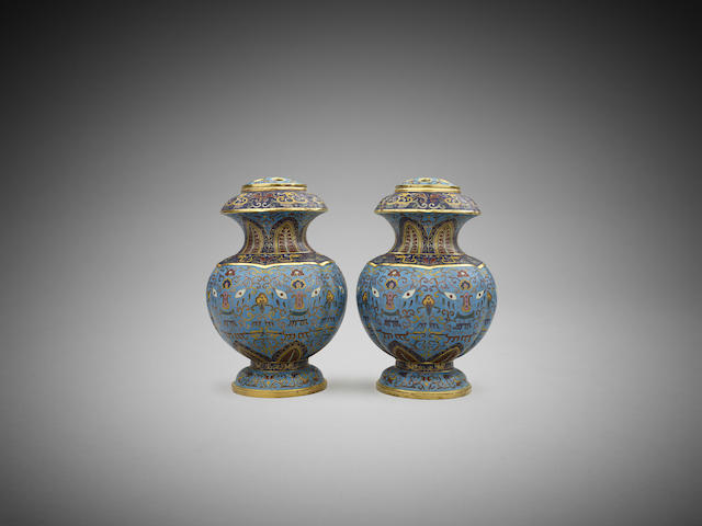 Appraisal: A pair of Chinese archaic-style cloisonn lobed censers Qianlong four-character