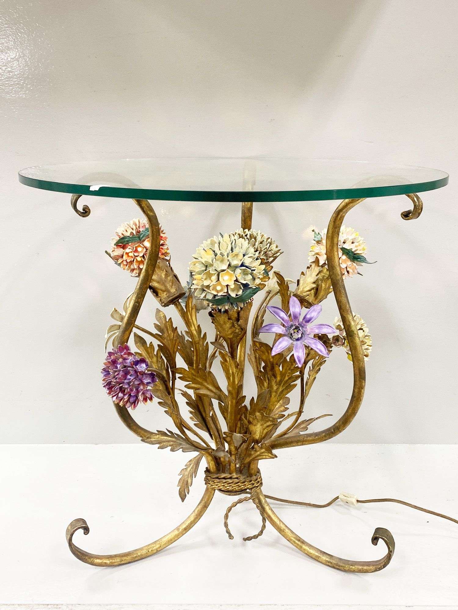 Appraisal: Hollywood Regency Italian Floral Lighted Cocktail Table tall glass is