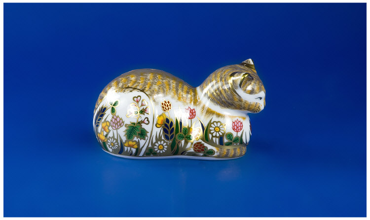 Appraisal: Crown Derby Cottage Cat Paperweight Gold Millennium Button