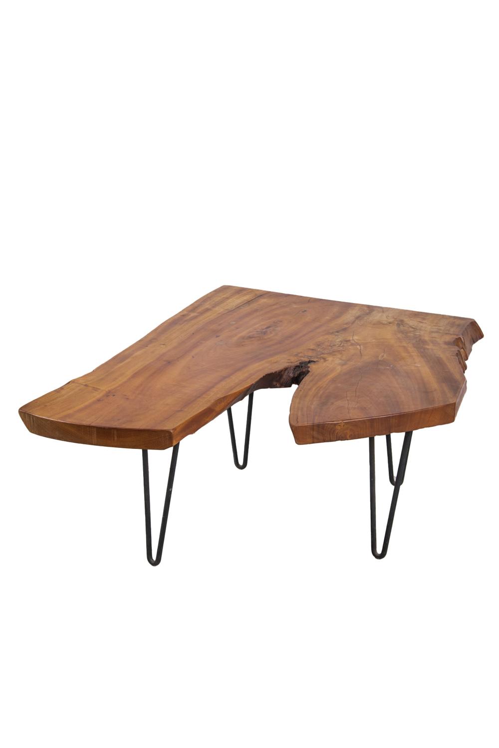 Appraisal: WOOD SPECIMEN MODERN END TABLEresting on iron v-shaped legs inches