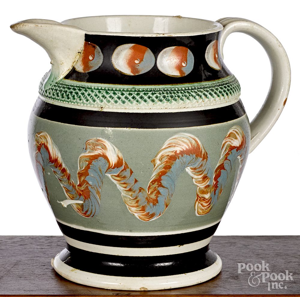 Appraisal: Mocha pitcher th c Mocha pitcher th c with earthworm