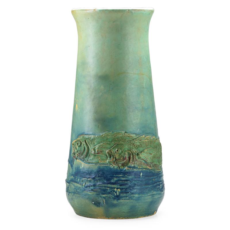 Appraisal: ROOKWOOD Rare Faience umbrella stand Condition Report Firing line to