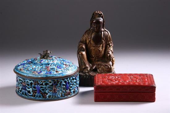 Appraisal: CHINESE LACQUERED WOOD FIGURE OF GUANYIN CINNABAR BOX AND ENAMELLED