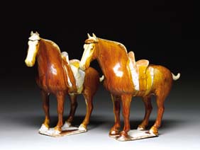 Appraisal: PAIR TANG GLAZED HORSES Pair very finely modeled and beautifully