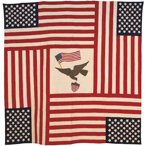 Appraisal: Patriotic pieced and appliqu quilt th c with four American