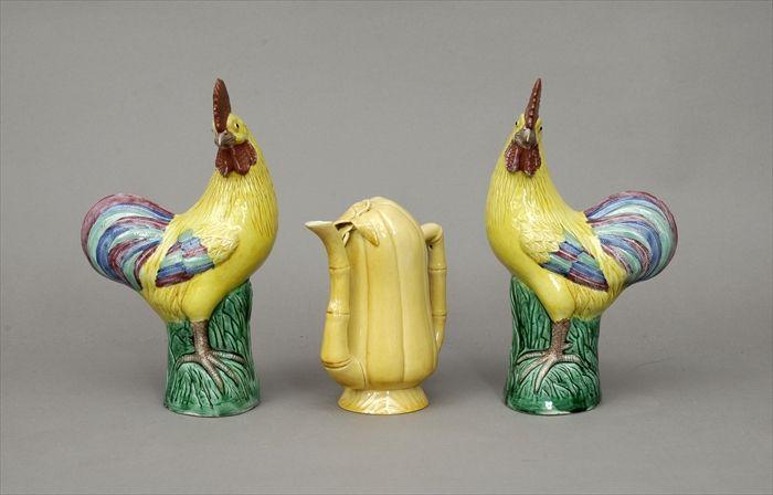 Appraisal: Pair of Chinese Export-Style Polychrome Porcelain Cockerel Figures Together with