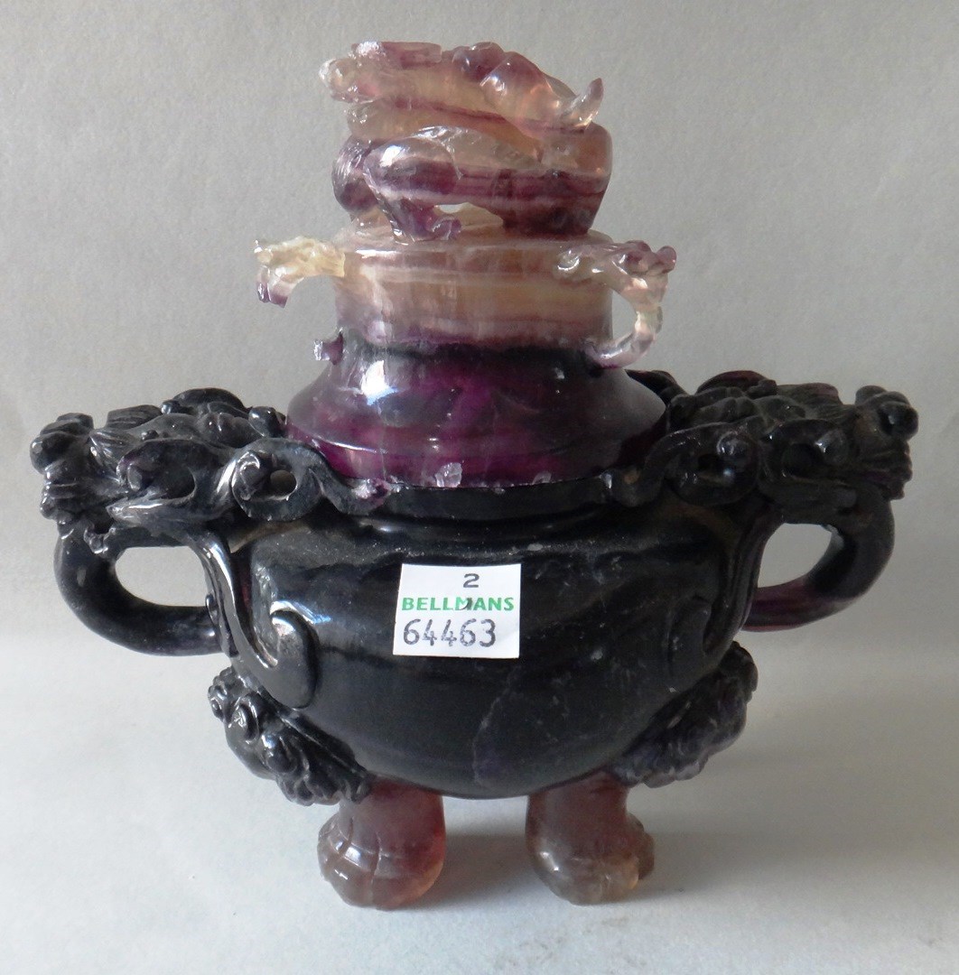 Appraisal: A Chinese purple fluorspar censer and a cover of compressed