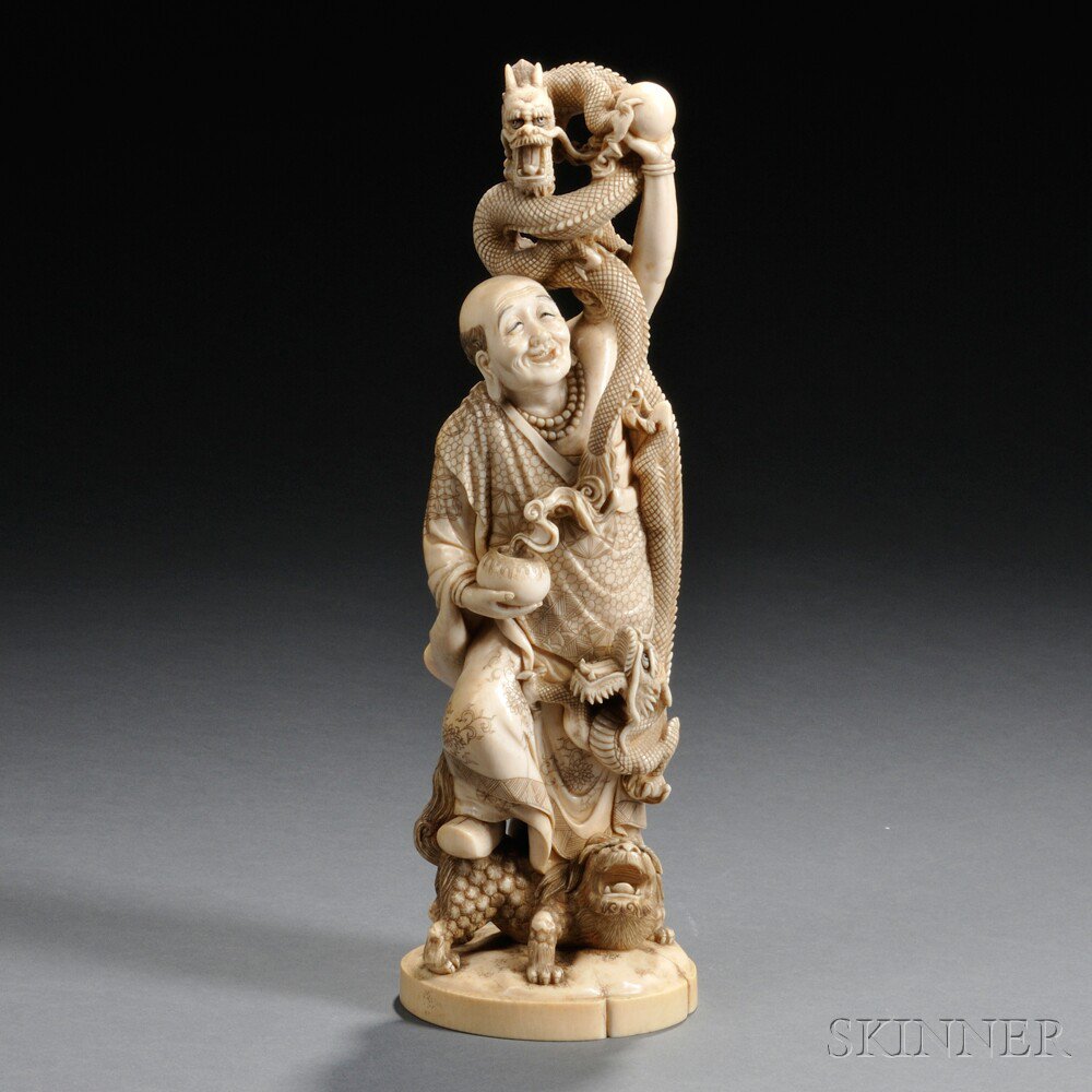 Appraisal: Ivory Okimono of a Man with Dragons and a Lion