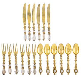 Appraisal: RENAISSANCE REVIVAL ROCK CRYSTAL FLATWARE Eighteen Polished brass with faceted