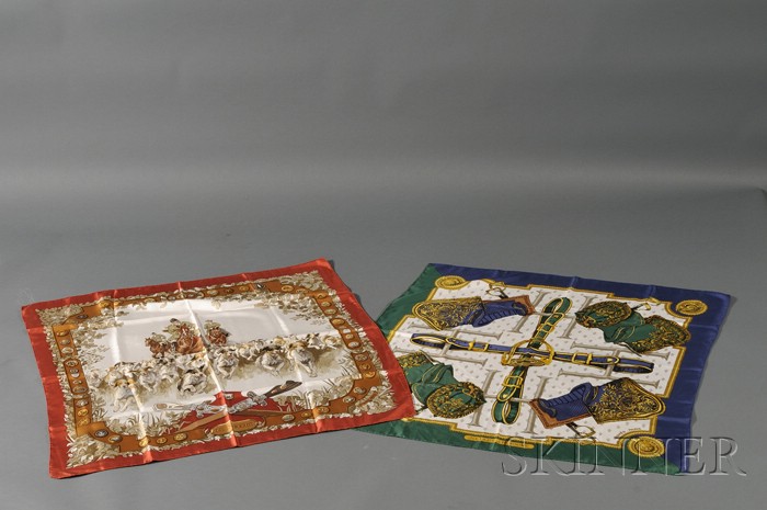 Appraisal: Two Silk Scarves Hermes Selles a Housse depicting saddlery in