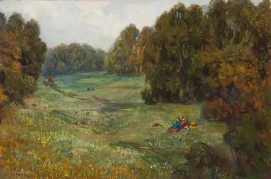 Appraisal: Richard Hendorf German - Meadow Landscape with Figures watercolor on