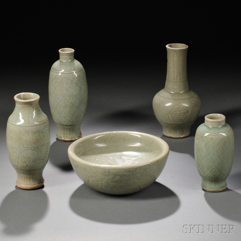 Appraisal: Five Longquan Celadon Items China Ming Dynasty or later a