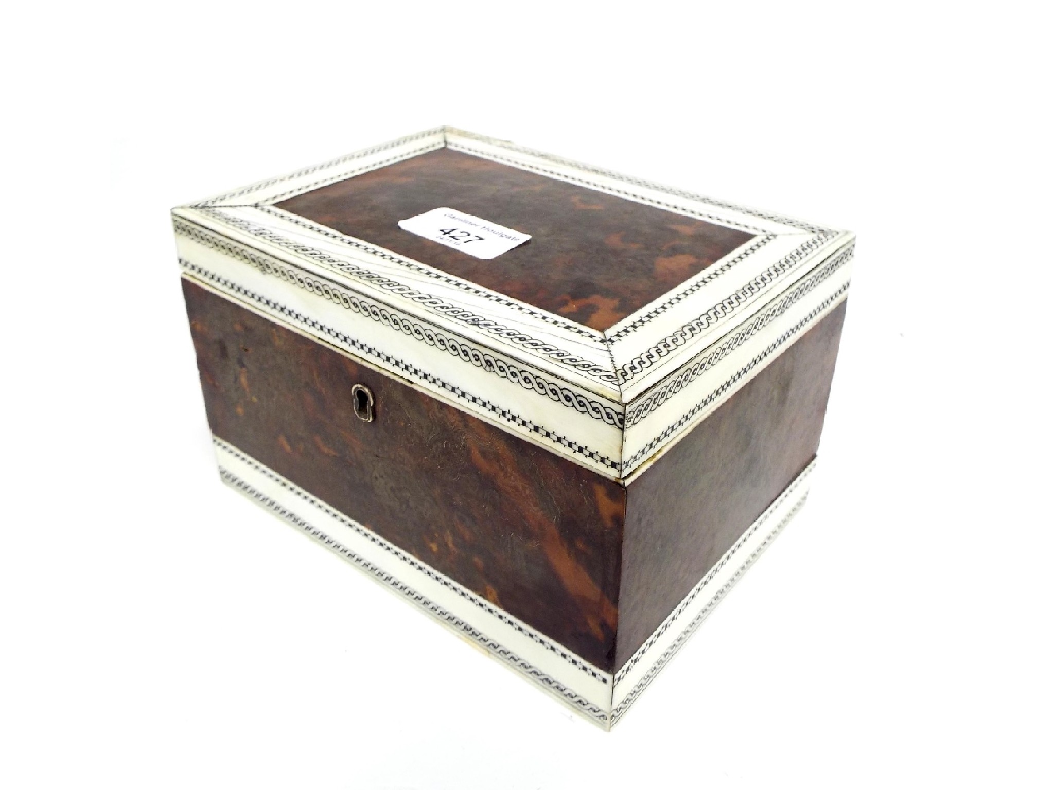 Appraisal: Vizagapatam tortoiseshell and ivory tea caddy the hinged lid with