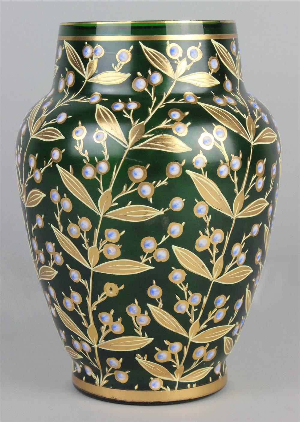 Appraisal: MOSER ENAMELED AND GILT GREEN GLASS VASE late th early