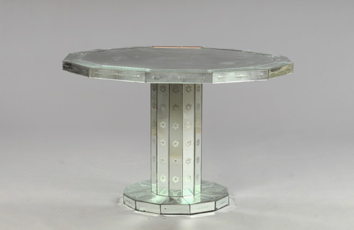 Appraisal: Large Continental Reverse-Engraved Mirrored Glass Duodecagonal Pedestal Dining Table in