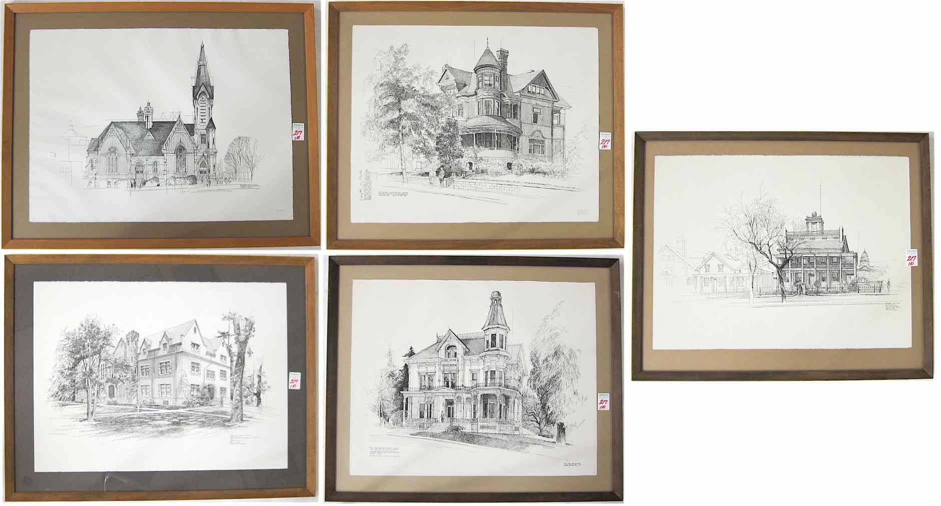 Appraisal: WILLARD K MARTIN Oregon th century FIVE ETCHINGS of Portland